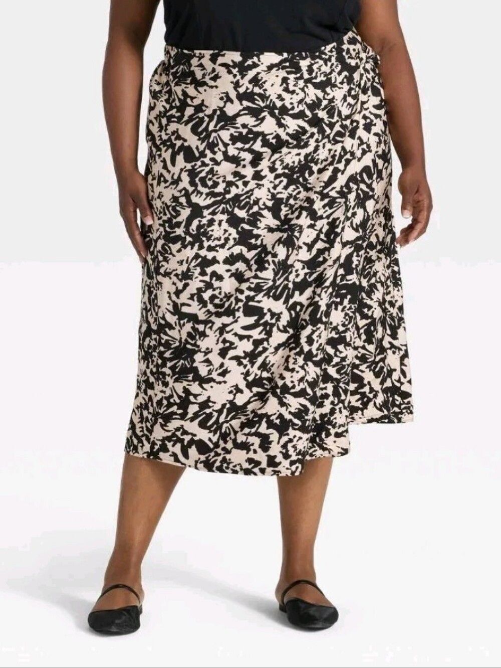 Ava & Viv Women's Midi Wrap Skirt Black Abstract Size 1X NEW
